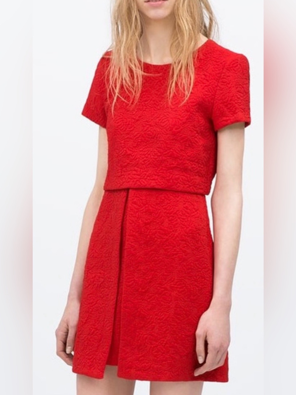 ZARA Trafaluc Red Floral Jacquard Textured Overlay Mini Dress Size S cocktail